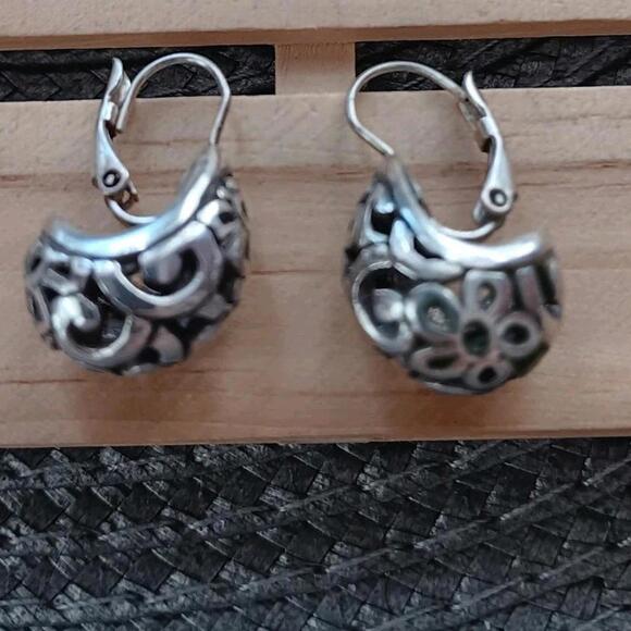 Floral Scroll Work Black and Silver Tone Lever Back Earring, Dangle - Picture 4 of 8